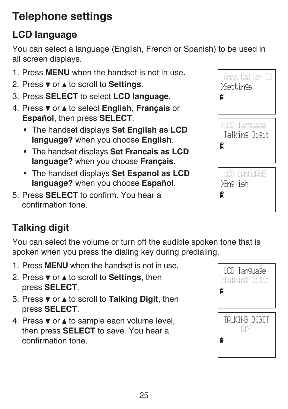 Lcd language, Talking digit, Lcd language talking digit | Telephone settings | VTech SN6127_-2 Manual User Manual | Page 31 / 116