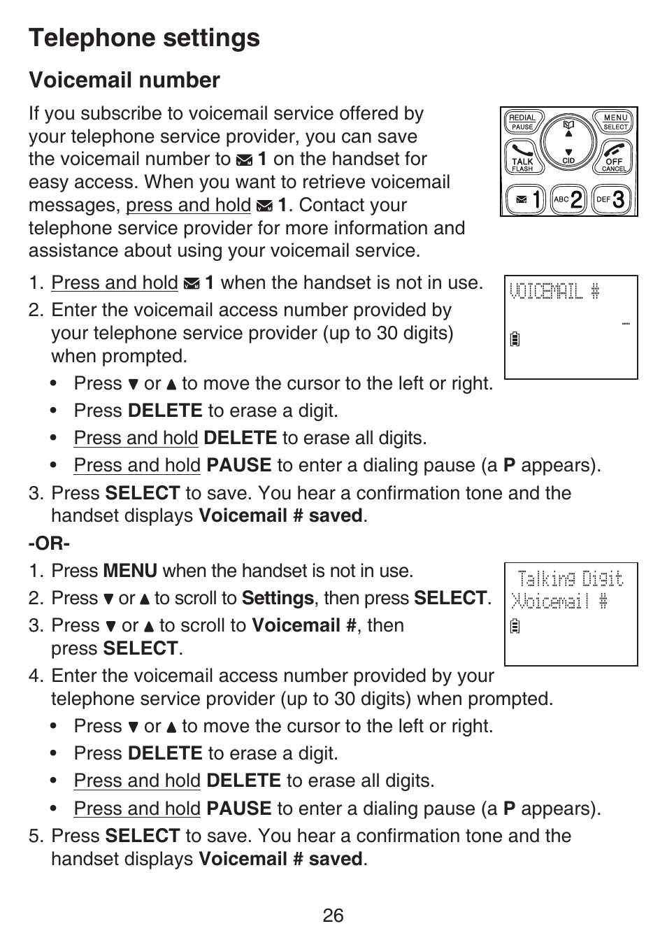 Voicemail number, Telephone settings | VTech SN6127_-2 Manual User Manual | Page 32 / 116