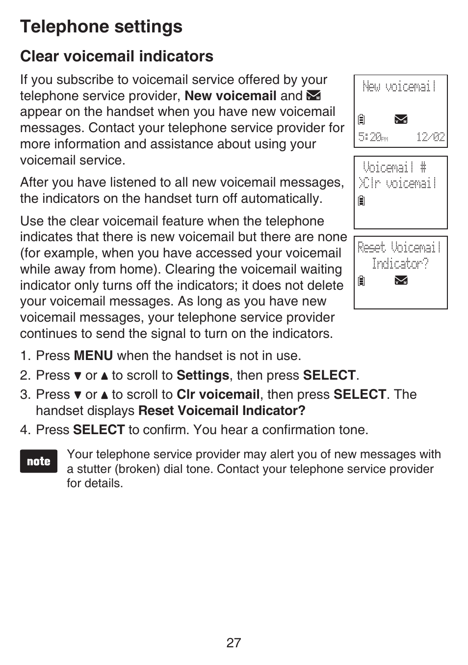 Clear voicemail indicators, Telephone settings | VTech SN6127_-2 Manual User Manual | Page 33 / 116