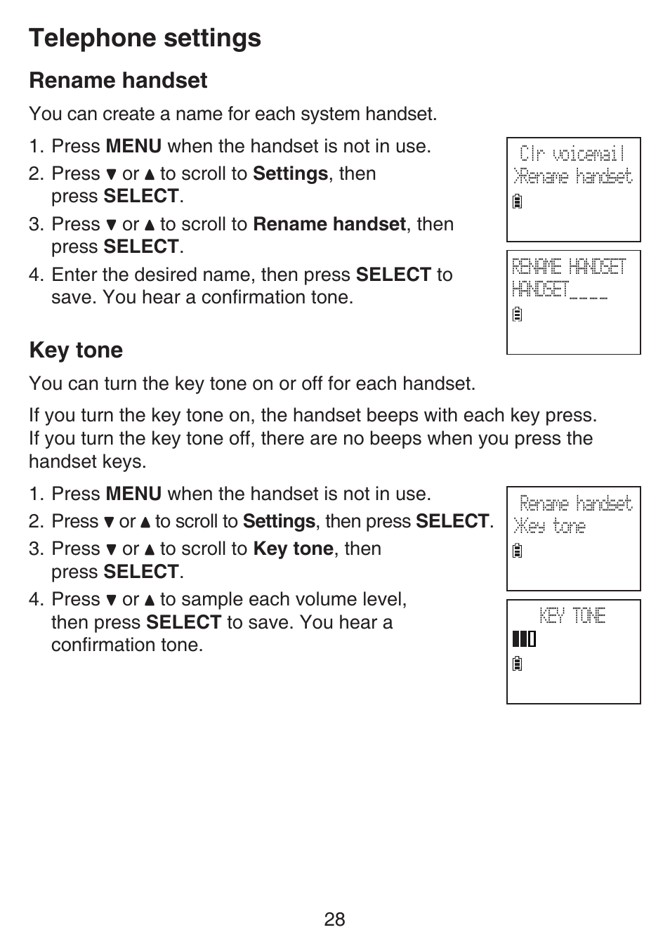 Rename handset, Key tone, Rename handset key tone | Telephone settings | VTech SN6127_-2 Manual User Manual | Page 34 / 116