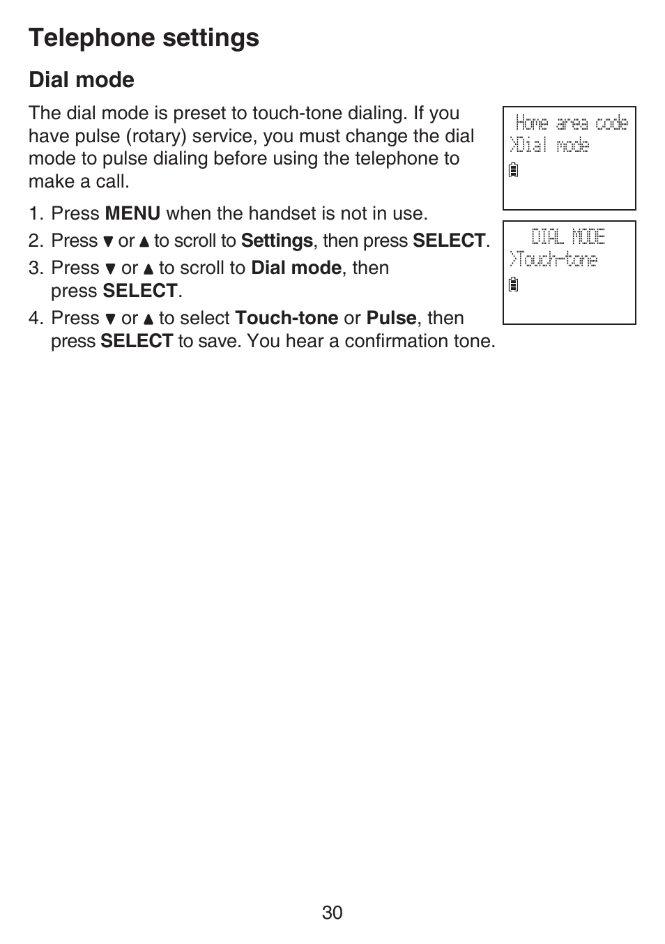 Dial mode, Telephone settings | VTech SN6127_-2 Manual User Manual | Page 36 / 116