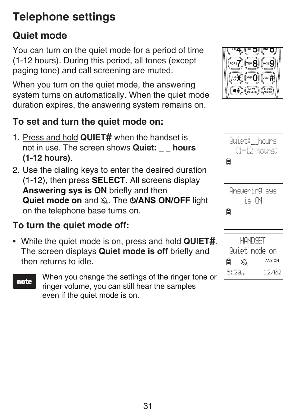 Quiet mode, Telephone settings | VTech SN6127_-2 Manual User Manual | Page 37 / 116