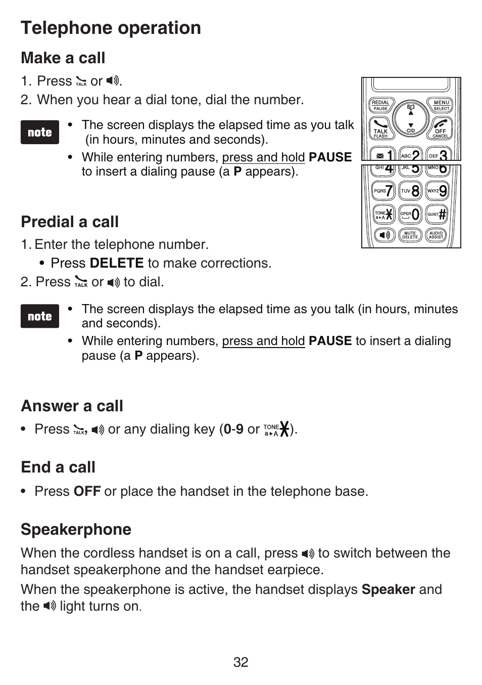 Making and answering a call, Last number redial, Ringer volume control | Handset volume control, Make a call, Predial a call, End a call, Speakerphone, Make a call predial a call, A call end a call speakerphone | VTech SN6127_-2 Manual User Manual | Page 38 / 116