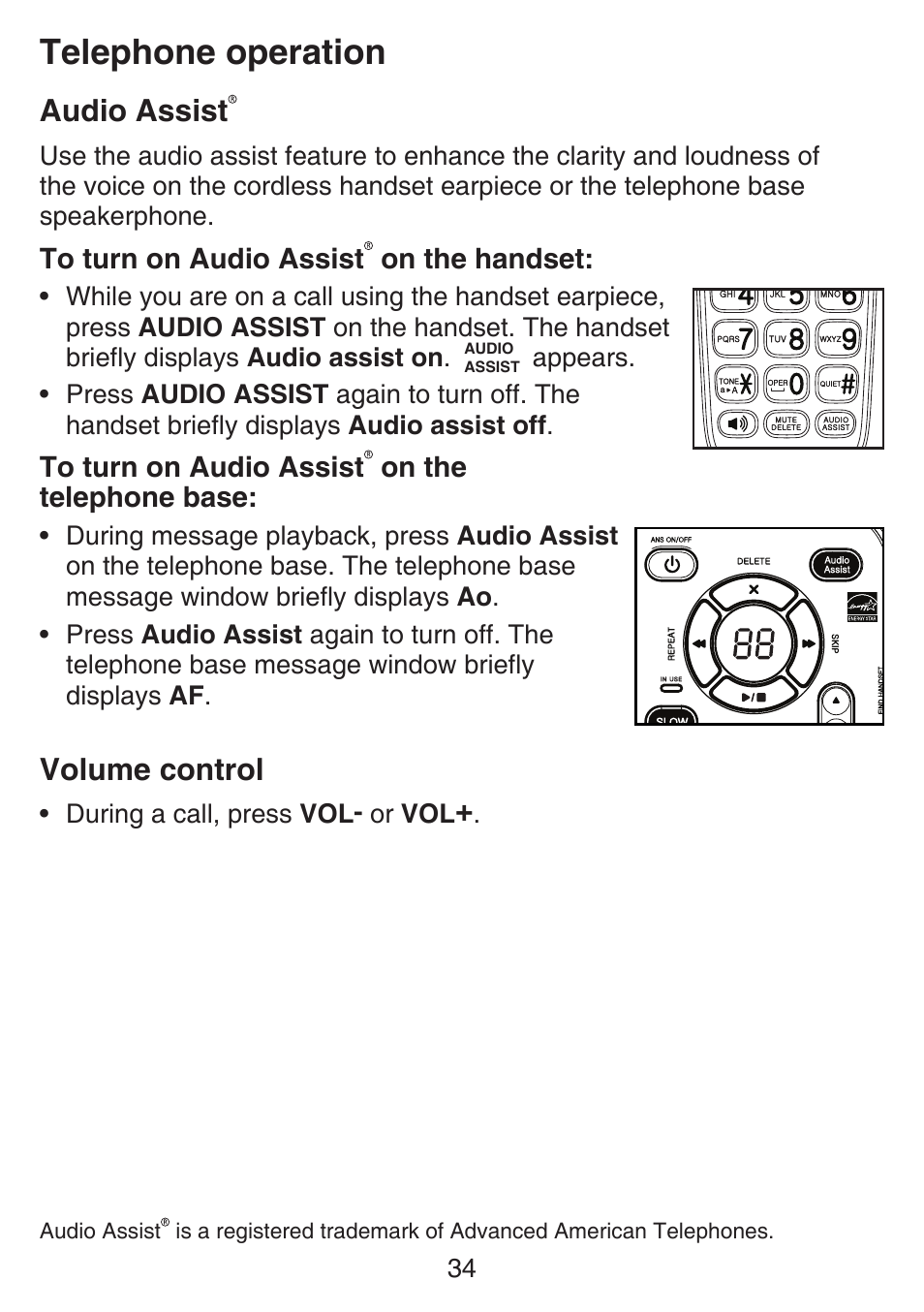 Flash, Mute, Temporary tone dialing | Audio assist, Volume control, Audio assist volume control, Telephone operation | VTech SN6127_-2 Manual User Manual | Page 40 / 116
