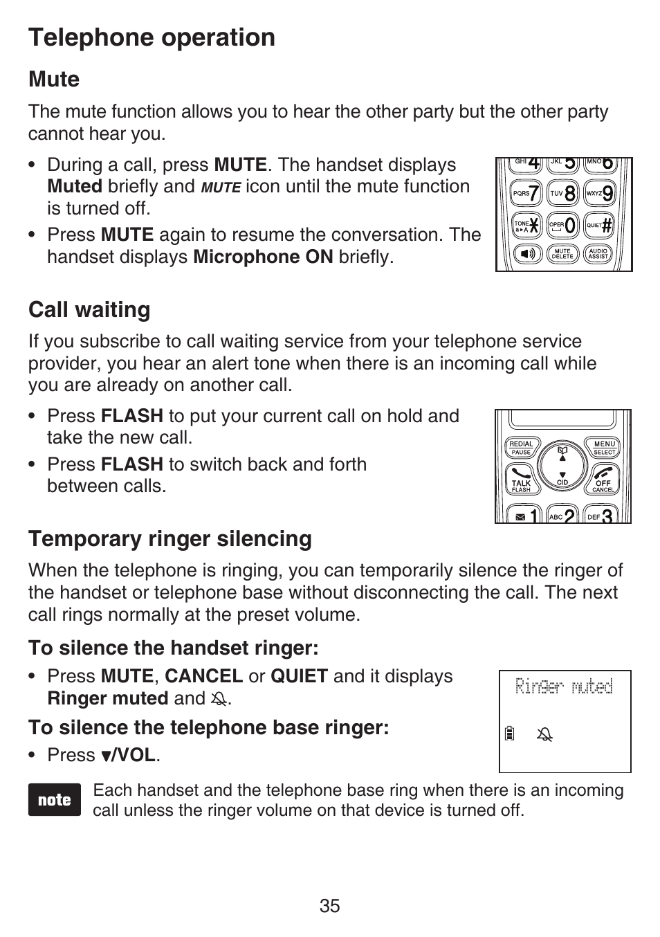 Memory overview, Storing a number in a one-touch location, Mute | Call waiting, Temporary ringer silencing, Mute call waiting temporary ringer silencing, Telephone operation | VTech SN6127_-2 Manual User Manual | Page 41 / 116