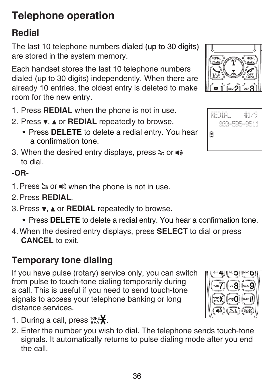 Redial, Temporary tone dialing, Redial temporary tone dialing | Telephone operation | VTech SN6127_-2 Manual User Manual | Page 42 / 116