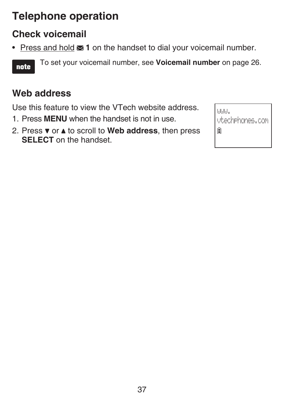 Dialing a number stored in the one-touch location, Storing a number in a two-touch location, Dialing a number stored in the two-touch location | Check voicemail, Web address, Check voicemail web address, Telephone operation | VTech SN6127_-2 Manual User Manual | Page 43 / 116