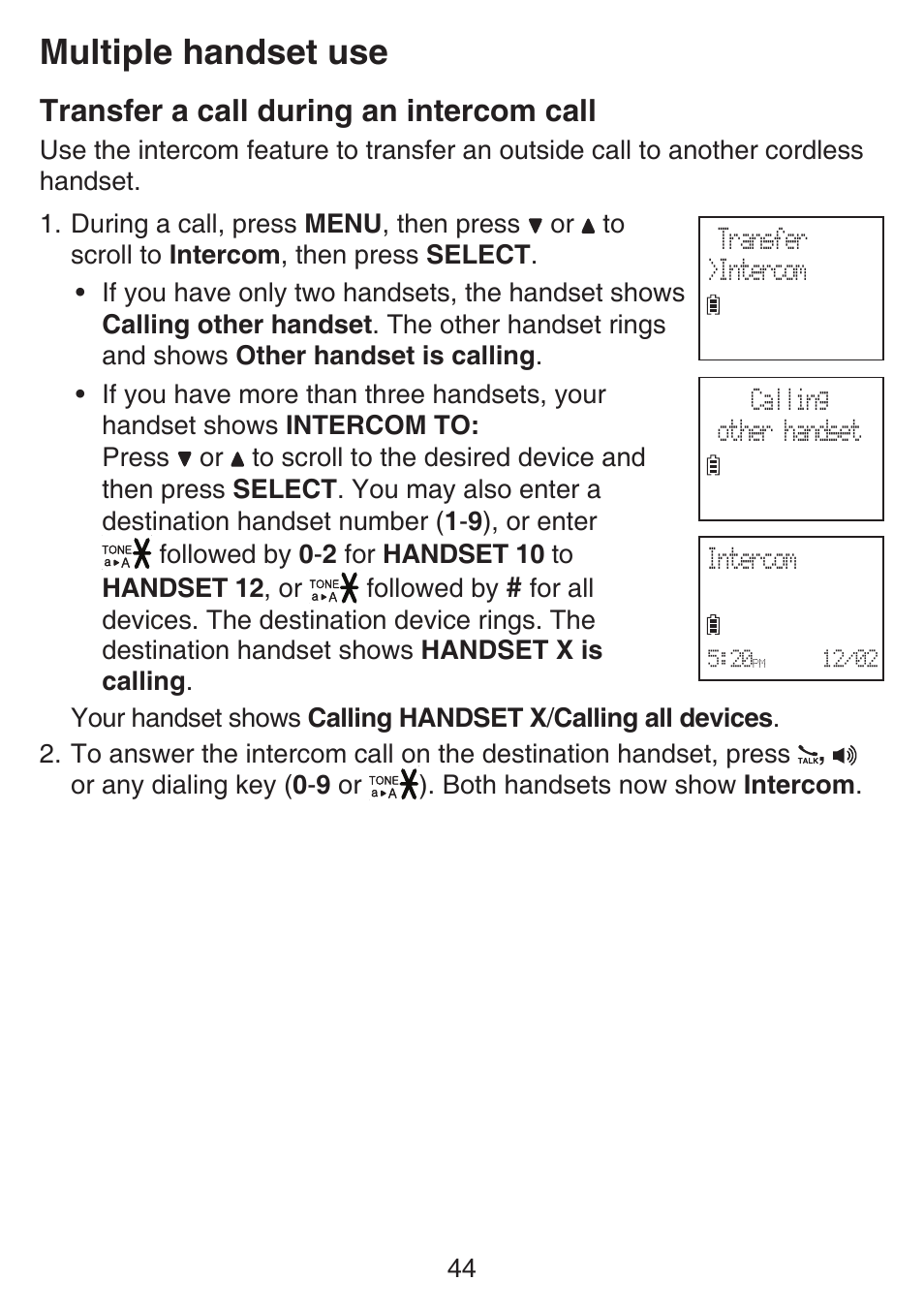 Transfer a call during an intercom call, Transfer a call during an, Intercom call | Multiple handset use | VTech SN6127_-2 Manual User Manual | Page 50 / 116