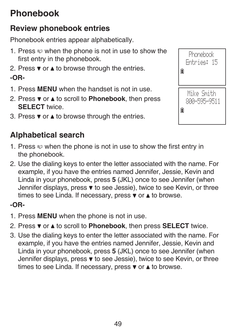 Review phonebook entries, Alphabetical search, Review phonebook entries alphabetical search | Phonebook | VTech SN6127_-2 Manual User Manual | Page 55 / 116