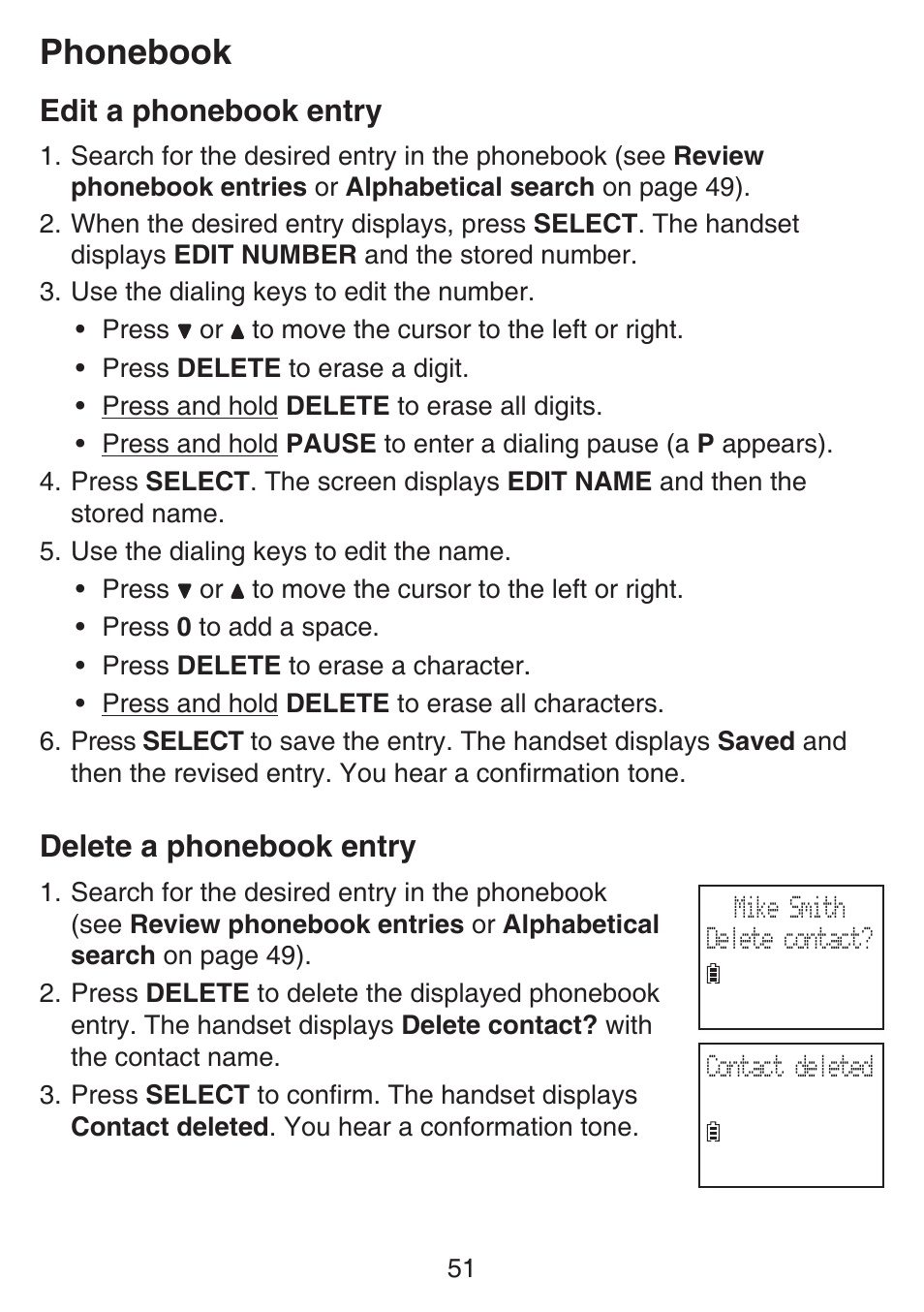 Edit a phonebook entry, Delete a phonebook entry, Edit a phonebook entry delete a phonebook entry | Phonebook | VTech SN6127_-2 Manual User Manual | Page 57 / 116