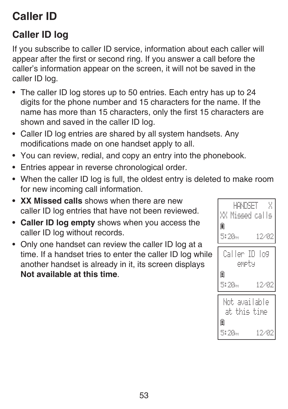 Caller id log, Caller id | VTech SN6127_-2 Manual User Manual | Page 59 / 116