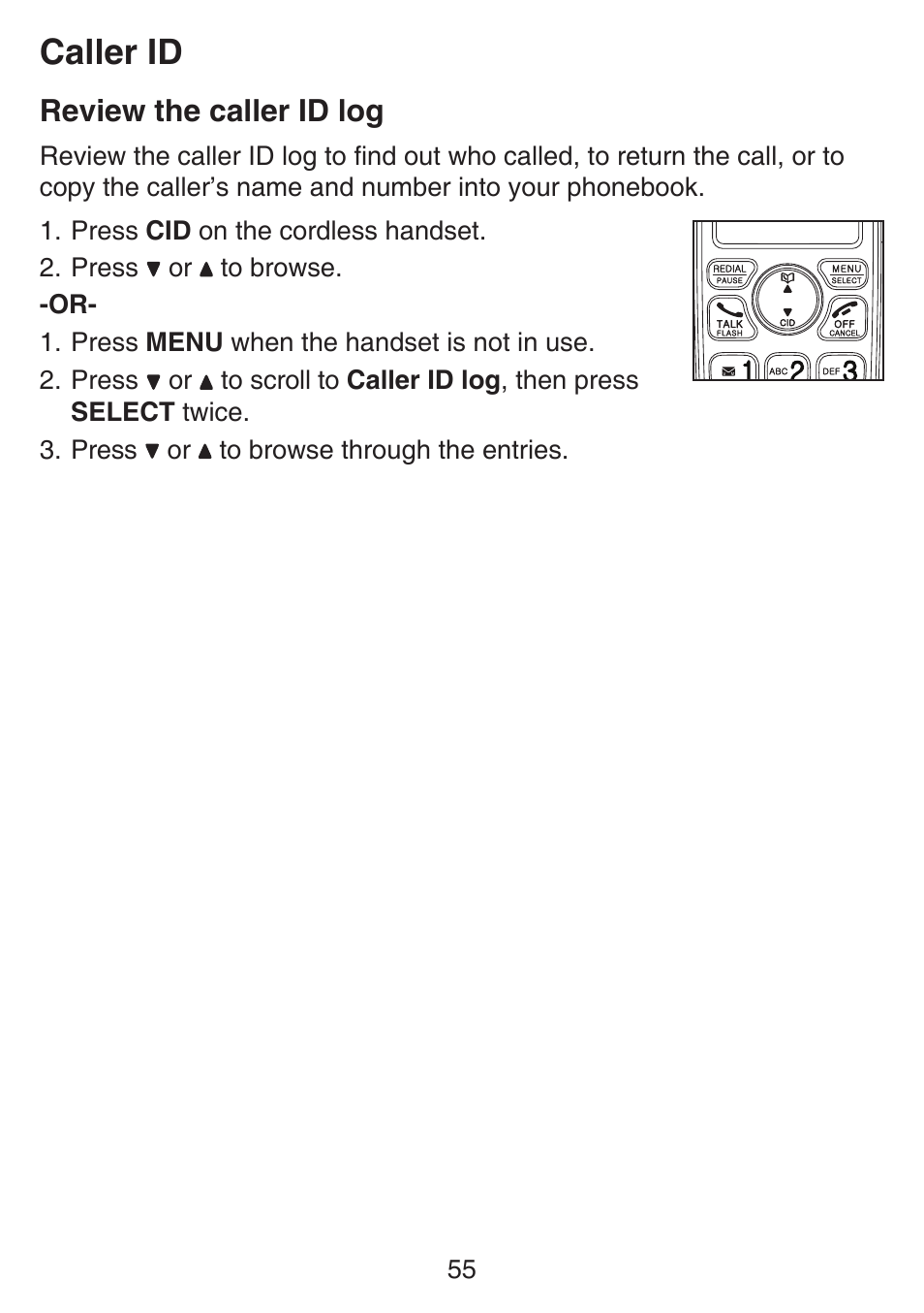 Review the caller id log, Caller id | VTech SN6127_-2 Manual User Manual | Page 61 / 116