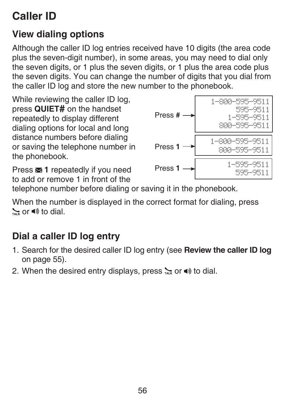 View dialing options, Dial a caller id log entry, View dialing options dial a caller id log entry | Caller id | VTech SN6127_-2 Manual User Manual | Page 62 / 116