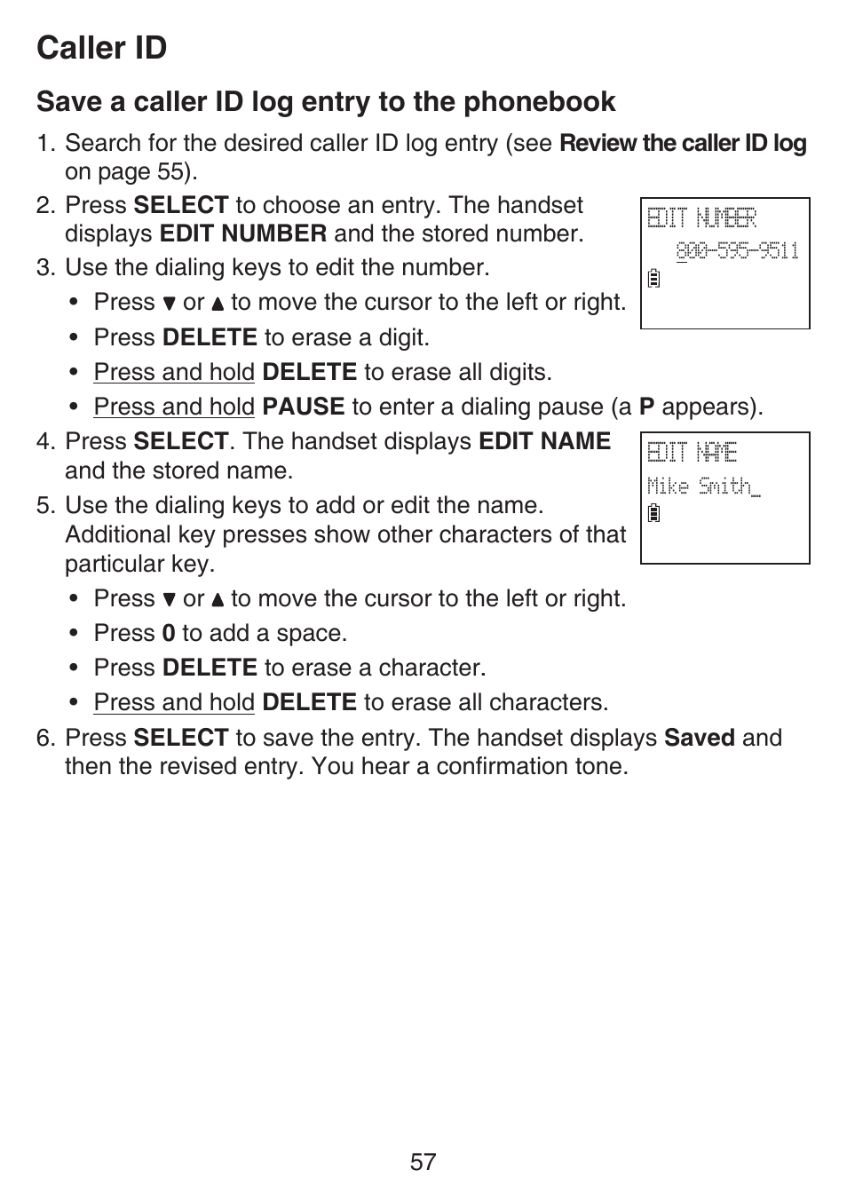 Save a caller id log entry to the phonebook, Save a caller id log entry to the, Phonebook | Caller id | VTech SN6127_-2 Manual User Manual | Page 63 / 116