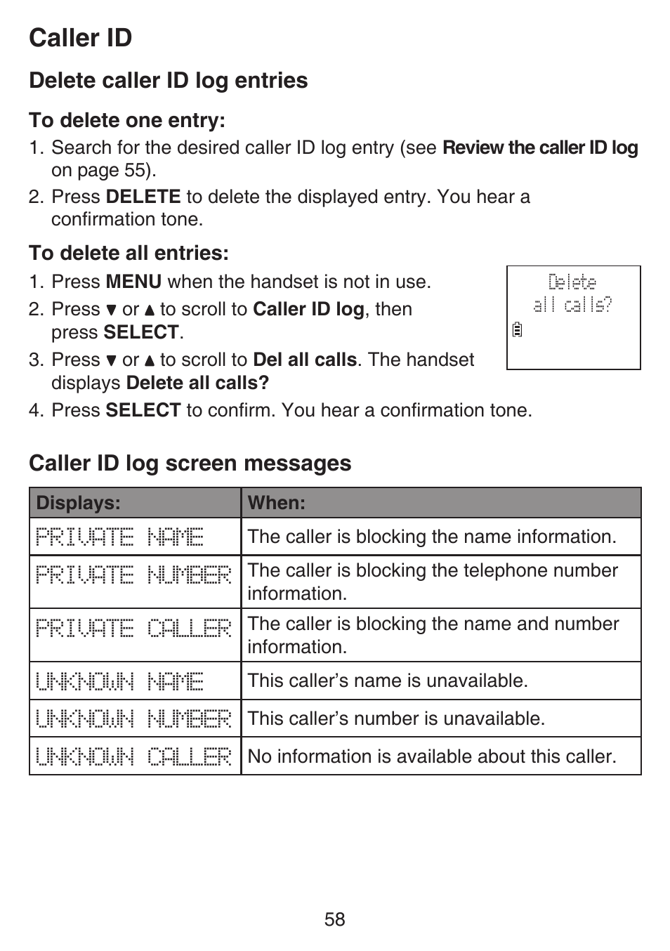 Delete caller id log entries, Caller id log screen messages, Delete caller id log entries caller id log screen | Messages, Caller id | VTech SN6127_-2 Manual User Manual | Page 64 / 116
