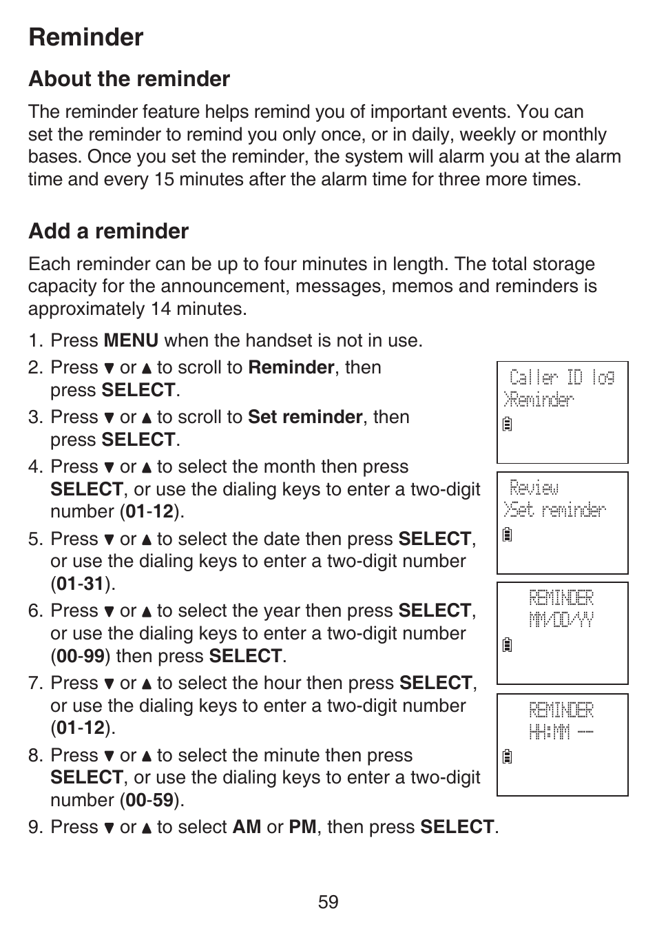 Reminder, About the reminder, Add a reminder | About the reminder add a reminder | VTech SN6127_-2 Manual User Manual | Page 65 / 116