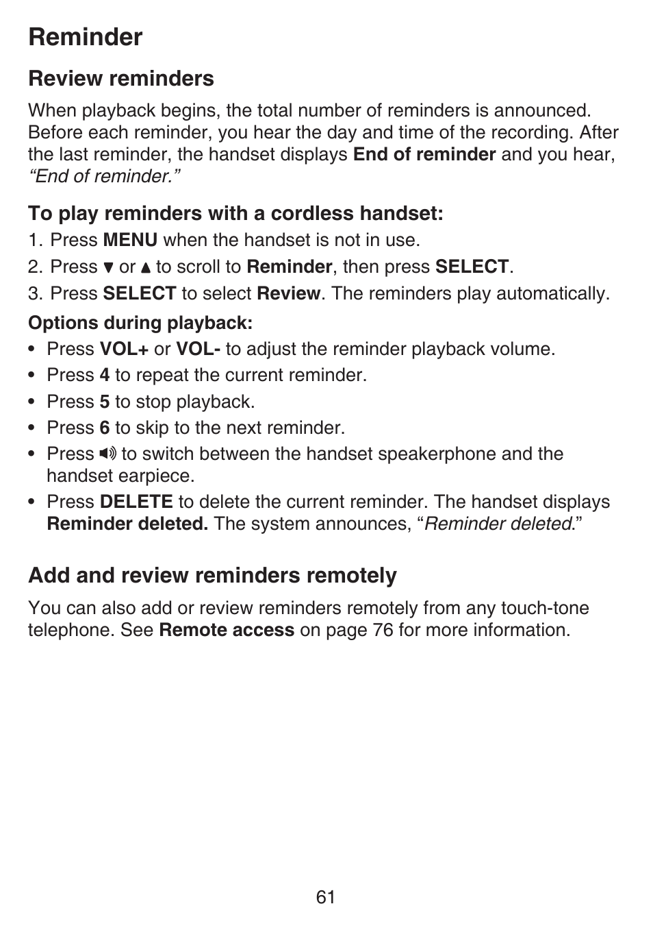 Review reminders, Add and review reminders remotely, Add and review reminders | Remotely, Reminder | VTech SN6127_-2 Manual User Manual | Page 67 / 116