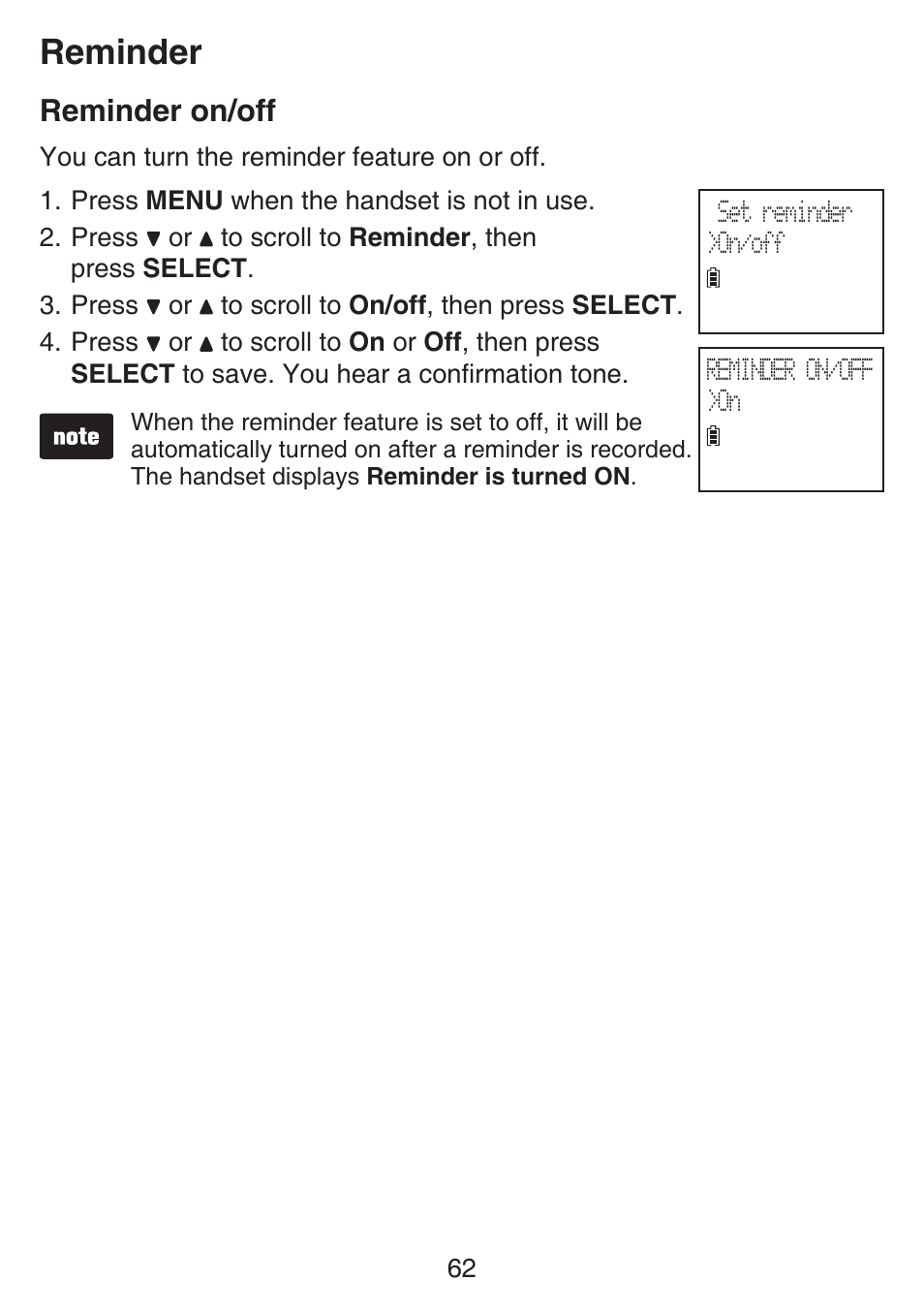 Reminder on/off, Reminder | VTech SN6127_-2 Manual User Manual | Page 68 / 116