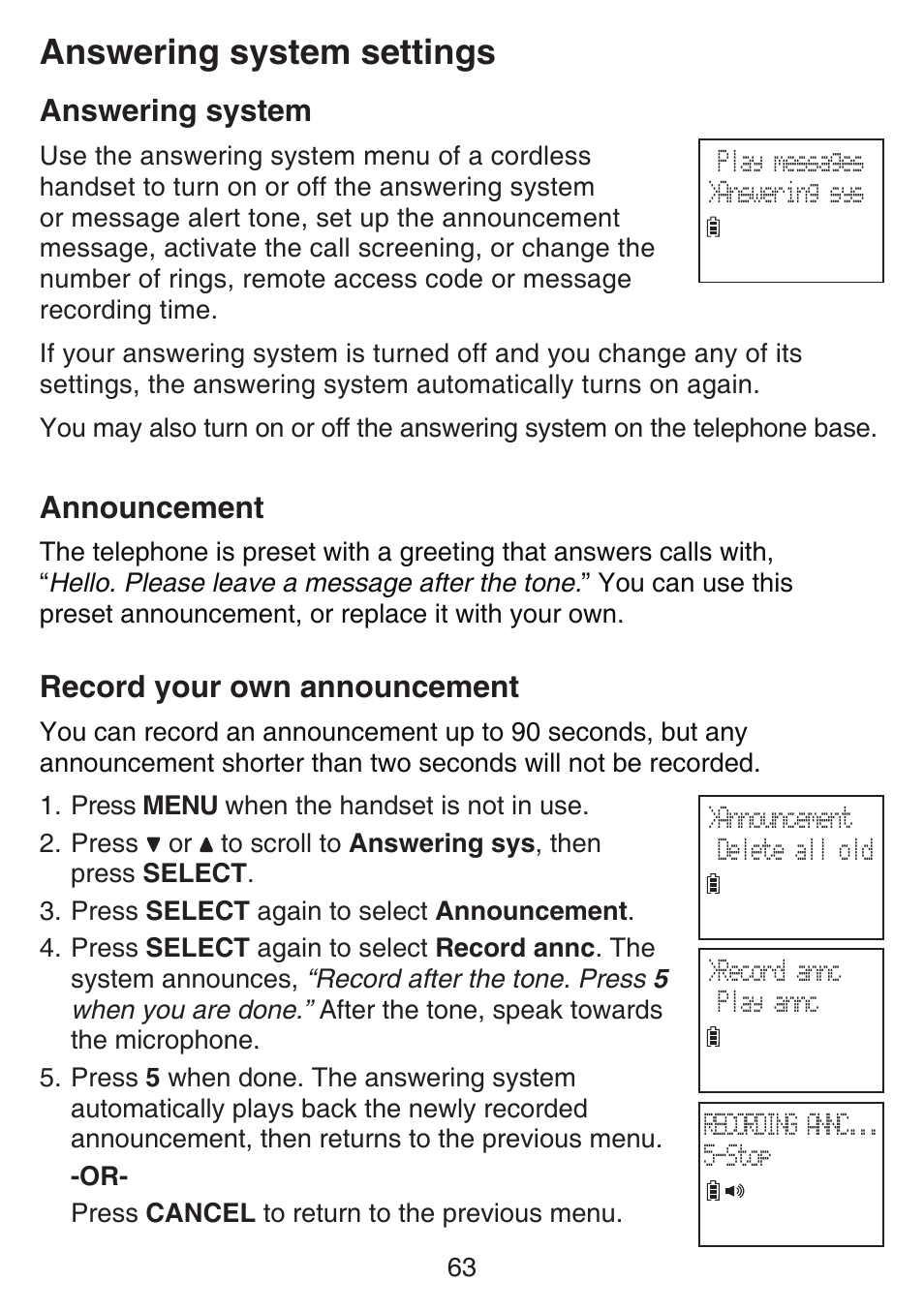 Answering system settings, Answering system, Announcement | Record your own announcement, Settings, Answering system announcement record your own | VTech SN6127_-2 Manual User Manual | Page 69 / 116