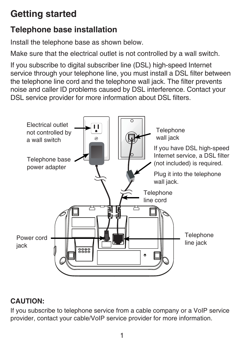 Telephone installation, Getting started, Telephone base installation | VTech SN6127_-2 Manual User Manual | Page 7 / 116