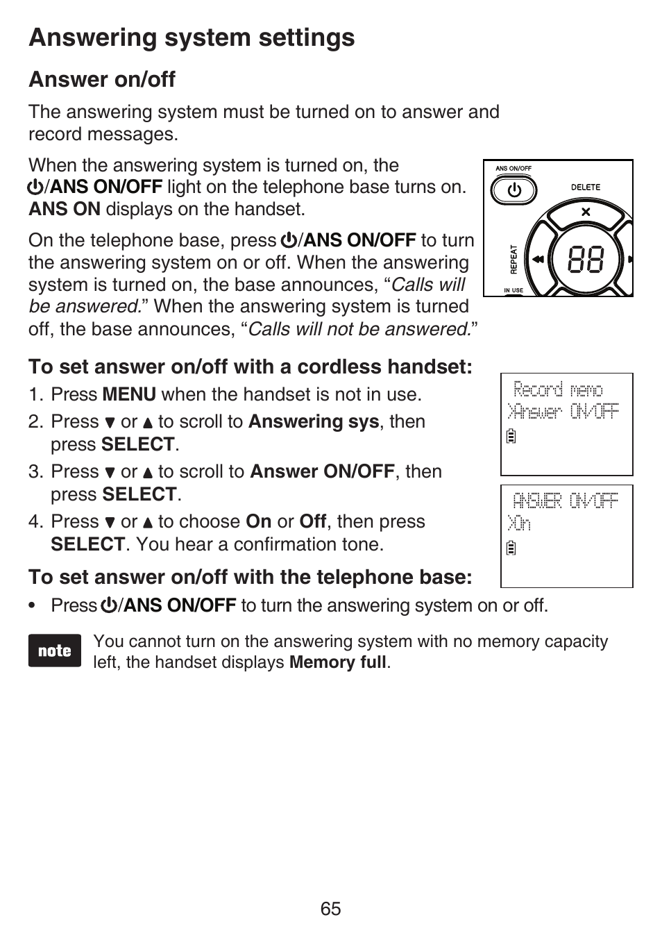 Answer on/off, Answering system settings | VTech SN6127_-2 Manual User Manual | Page 71 / 116