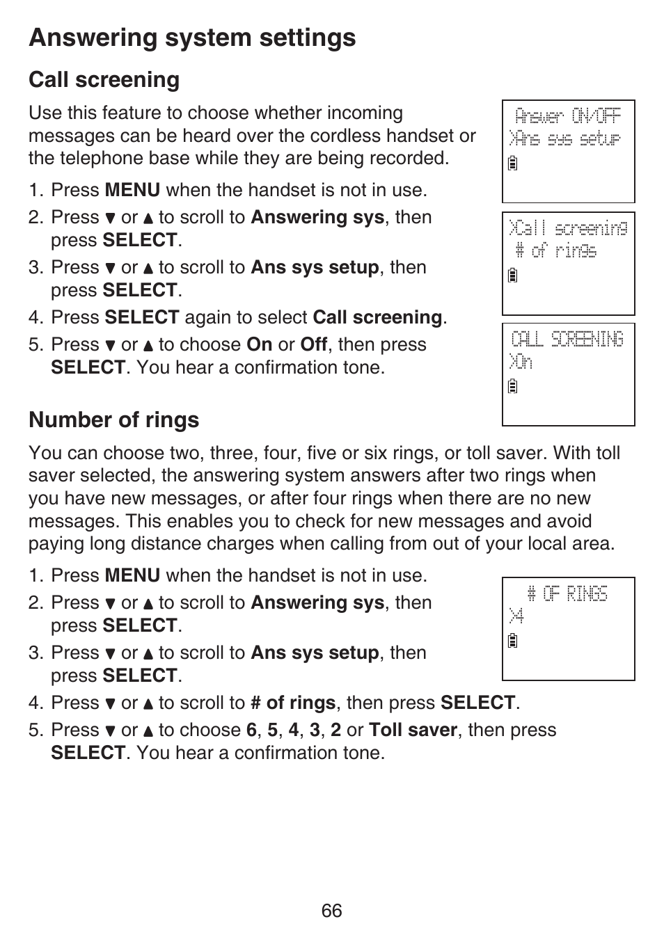 Call screening, Number of rings, Call screening number of rings | Answering system settings | VTech SN6127_-2 Manual User Manual | Page 72 / 116