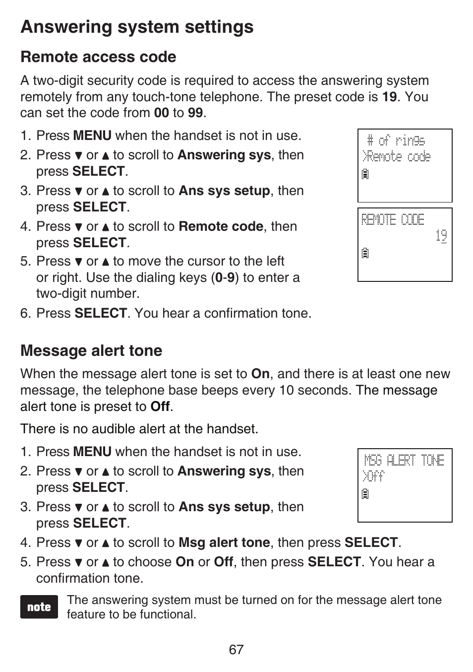 Remote access code, Message alert tone, Remote access code message alert tone | Answering system settings | VTech SN6127_-2 Manual User Manual | Page 73 / 116
