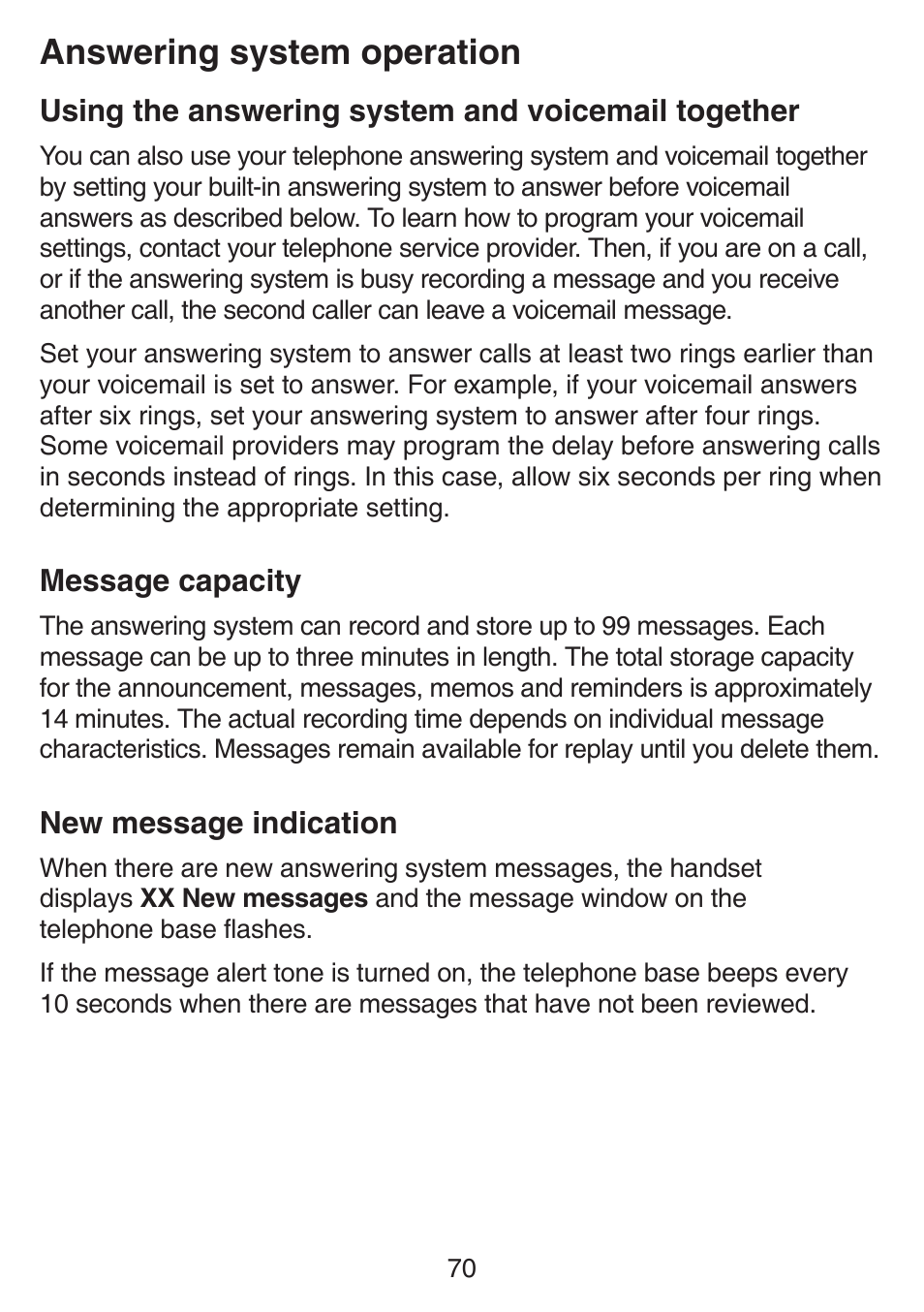 Using the answering system and voicemail together, Message capacity, New message indication | Using the answering system, And voicemail together, Message capacity new message indication, Answering system operation | VTech SN6127_-2 Manual User Manual | Page 76 / 116