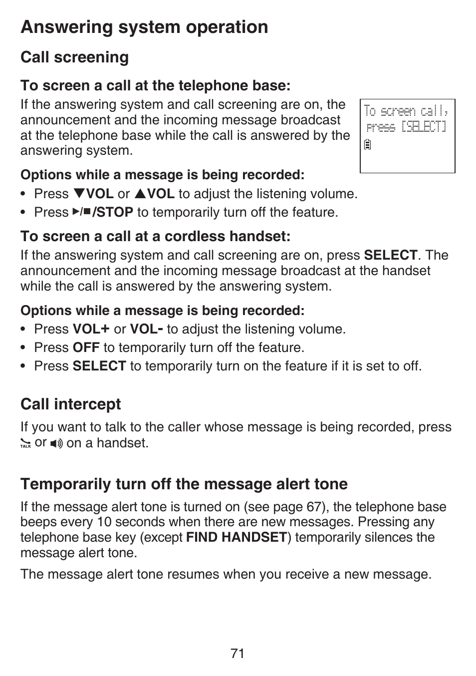 Call screening, Call intercept, Temporarily turn off the message alert tone | Message alert tone, Answering system operation | VTech SN6127_-2 Manual User Manual | Page 77 / 116