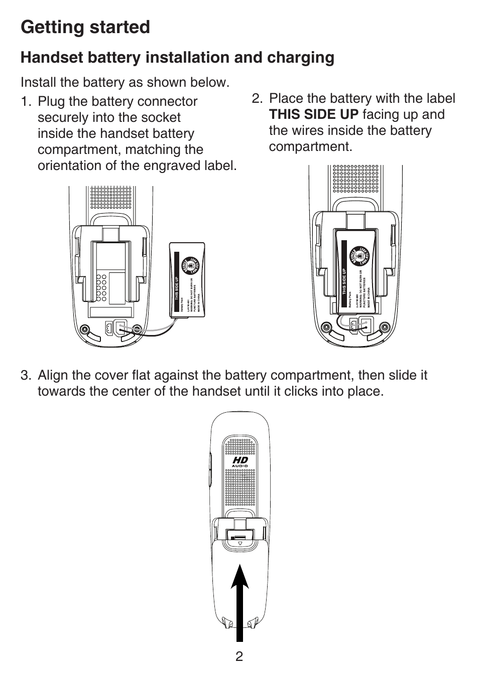 Battery installation, Handset battery installation and charging, Handset battery installation and | Charging, Getting started | VTech SN6127_-2 Manual User Manual | Page 8 / 116