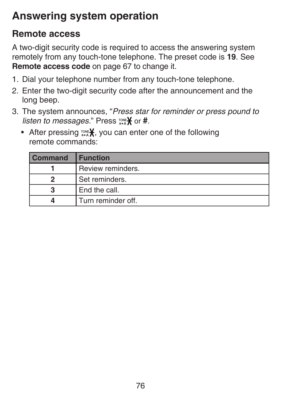 Remote access, Answering system operation | VTech SN6127_-2 Manual User Manual | Page 82 / 116
