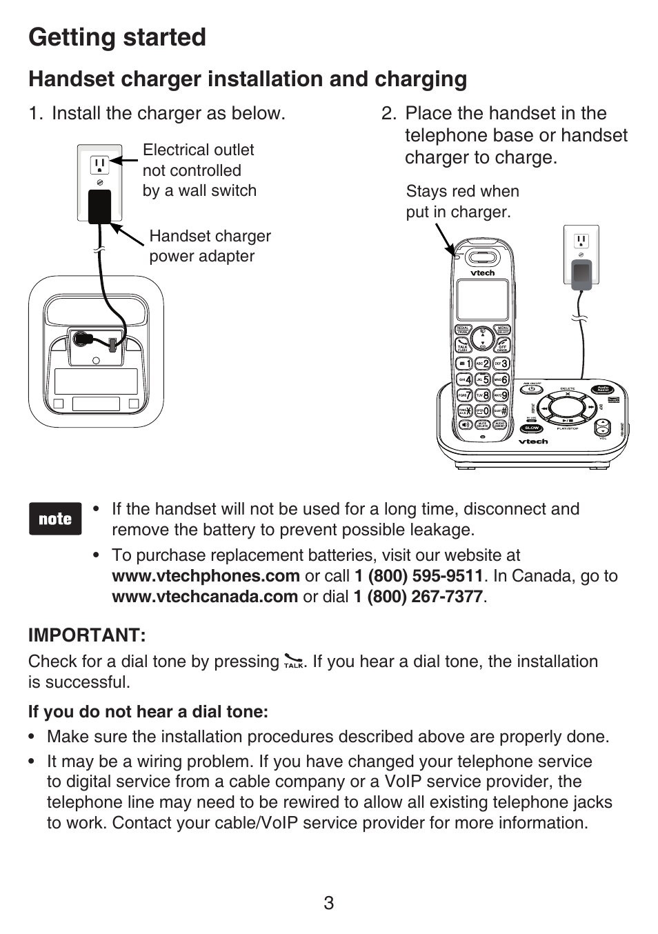 Handset charger installation and charging, Handset charger installation and, Charging | Getting started | VTech SN6127_-2 Manual User Manual | Page 9 / 116