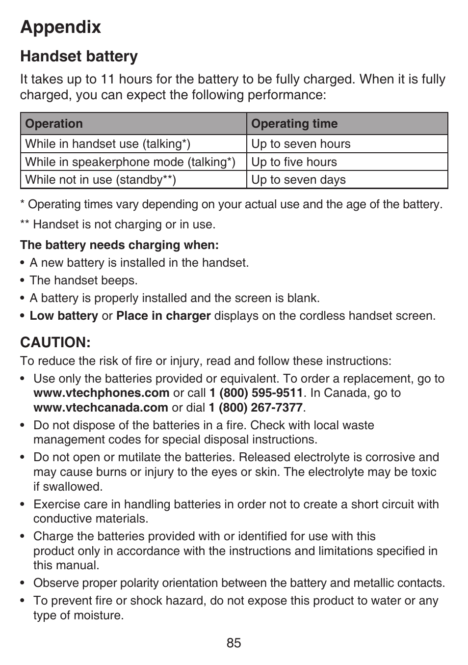 Handset battery, Appendix, Caution | VTech SN6127_-2 Manual User Manual | Page 91 / 116
