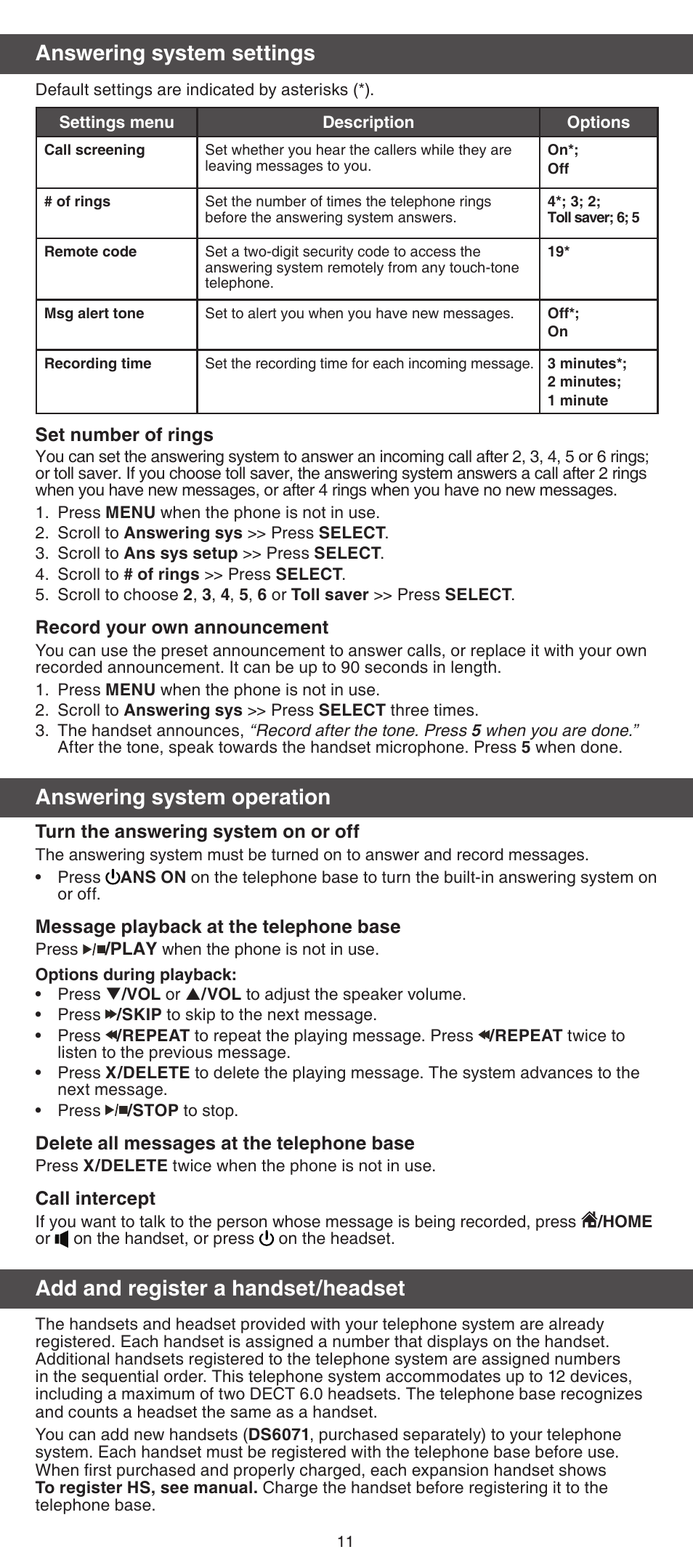 Answering system settings, Answering system operation, Add and register a handset/headset | VTech DS6672-4 Abridged manual User Manual | Page 11 / 16