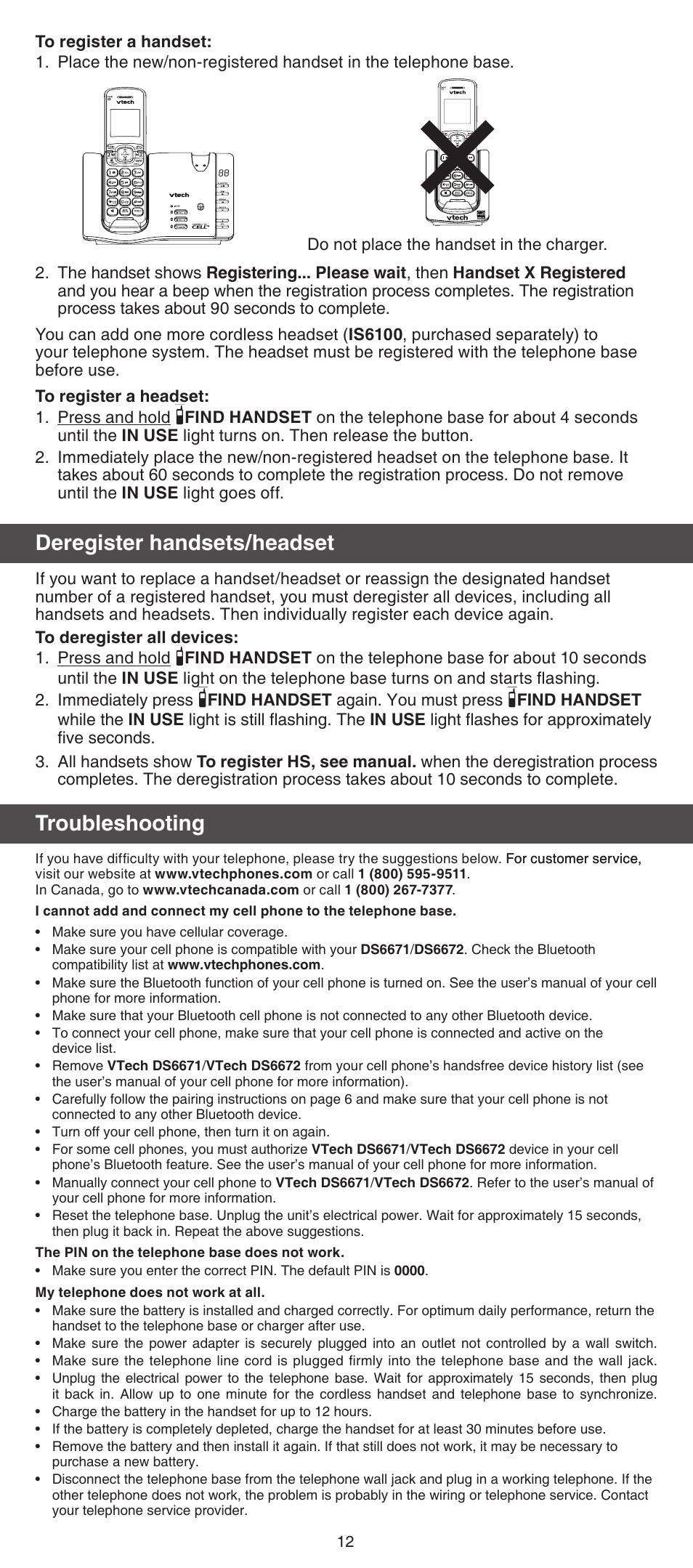 Deregister handsets/headset, Troubleshooting | VTech DS6672-4 Abridged manual User Manual | Page 12 / 16