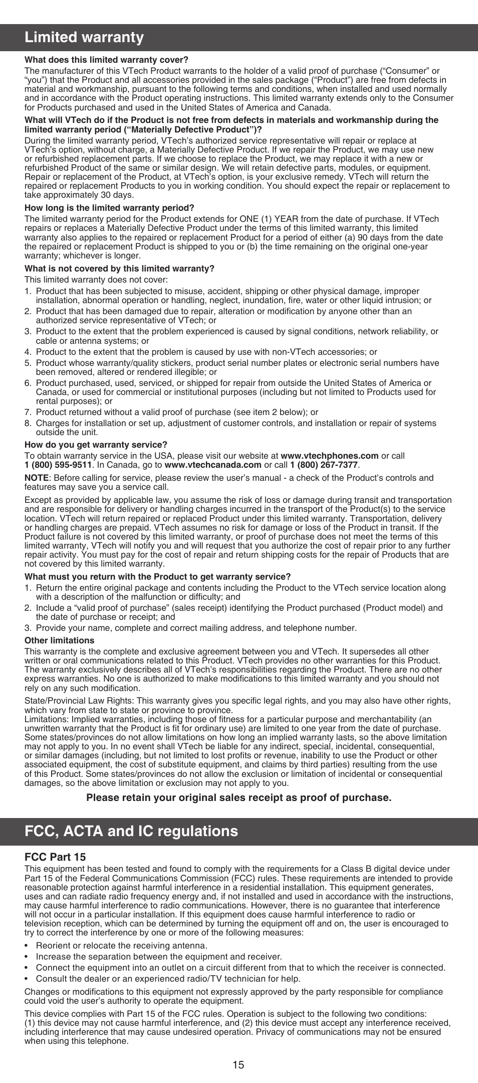 Limited warranty, Fcc, acta and ic regulations, Fcc part 15 | VTech DS6672-4 Abridged manual User Manual | Page 15 / 16