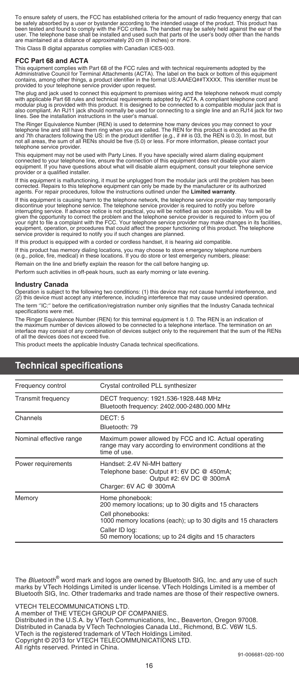 Technical specifications | VTech DS6672-4 Abridged manual User Manual | Page 16 / 16