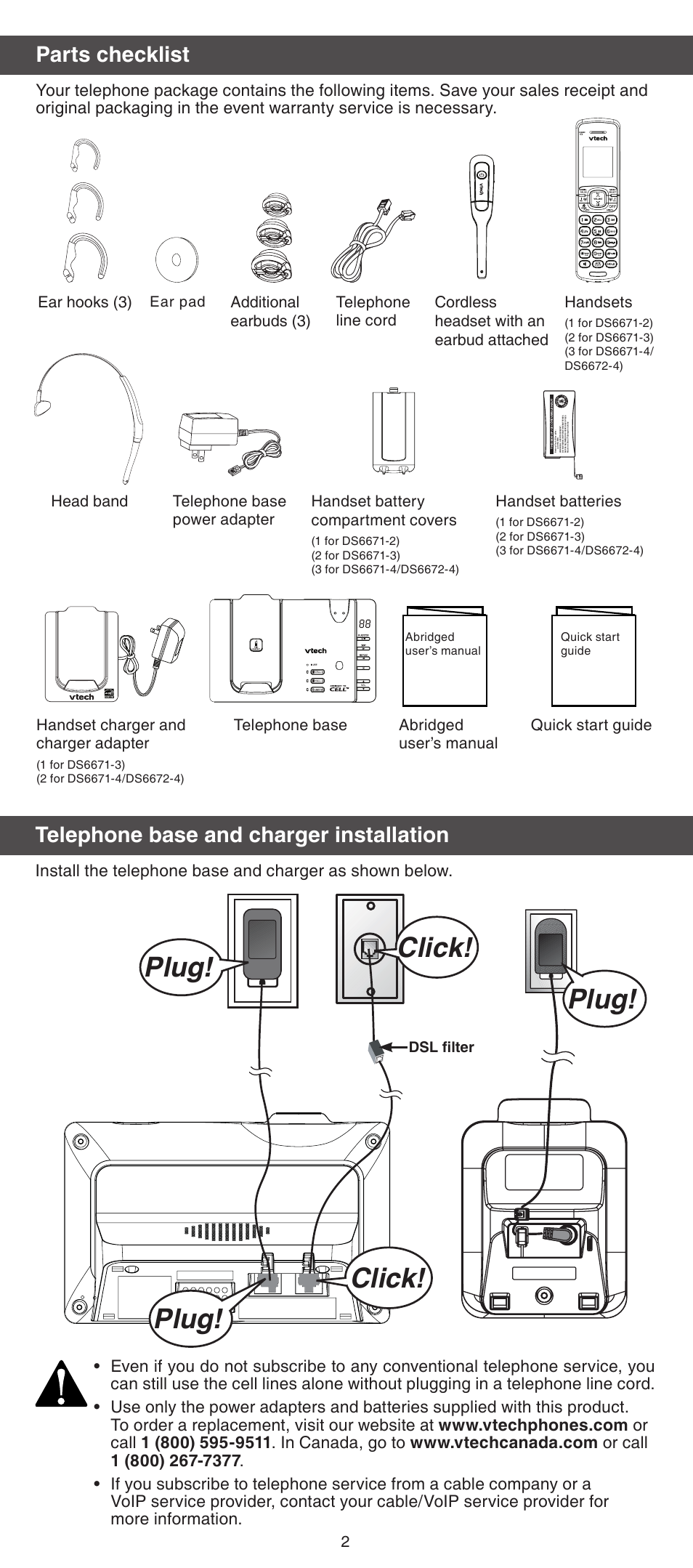 Click! plug! plug! click! plug, Parts checklist, Telephone base and charger installation | Handset battery compartment covers, Handsets, Quick start guide, Ear pad, Dsl filter | VTech DS6672-4 Abridged manual User Manual | Page 2 / 16