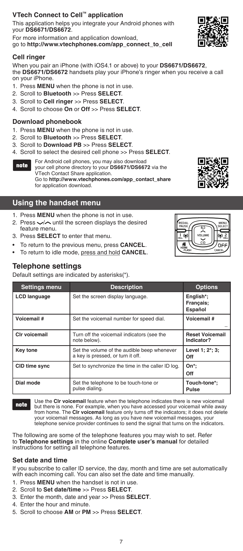 Using the handset menu, Telephone settings | VTech DS6672-4 Abridged manual User Manual | Page 7 / 16