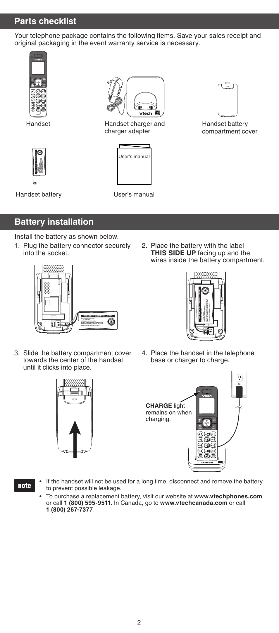 Parts checklist, Battery installation, Charge light remains on when charging | User’s manual | VTech DS6701 Manual User Manual | Page 2 / 8