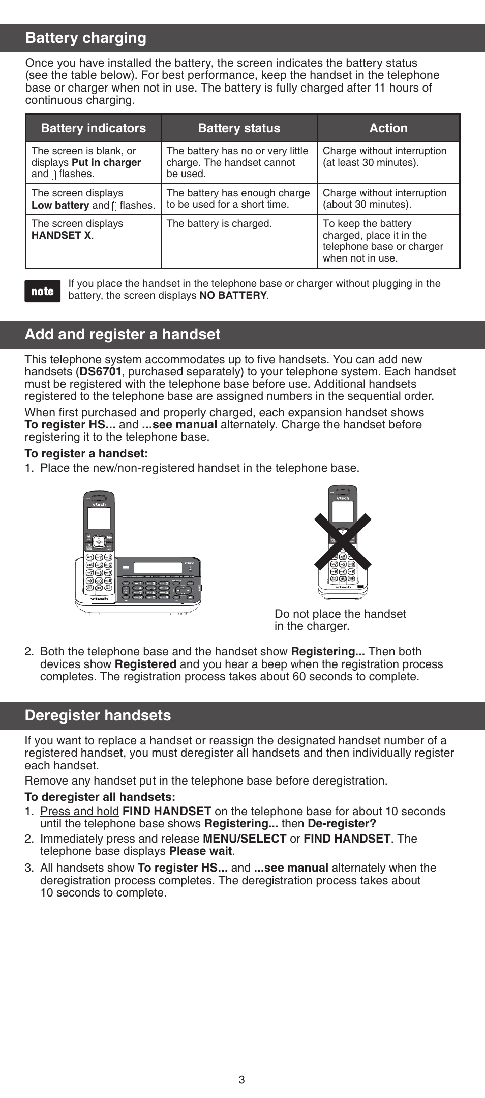 Battery charging, Add and register a handset, Deregister handsets | VTech DS6701 Manual User Manual | Page 3 / 8