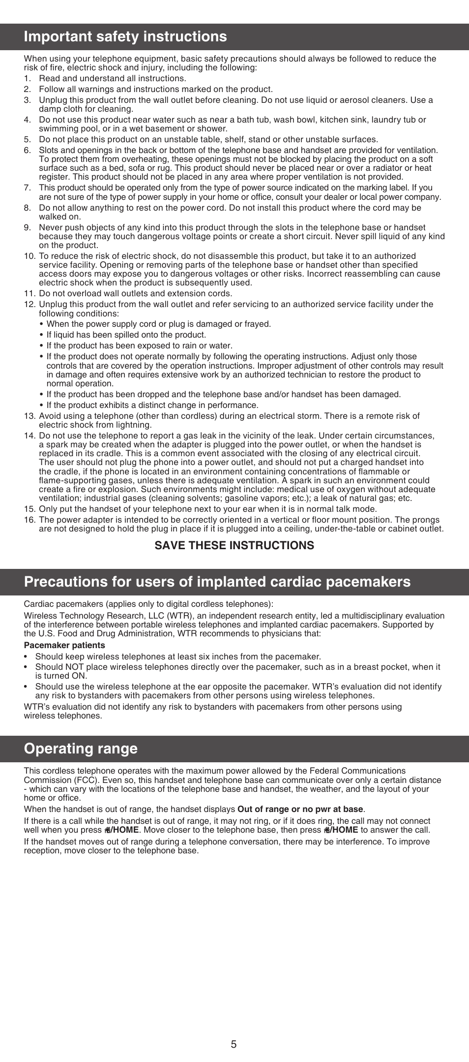 Important safety instructions, Operating range, Save these instructions | VTech DS6701 Manual User Manual | Page 5 / 8