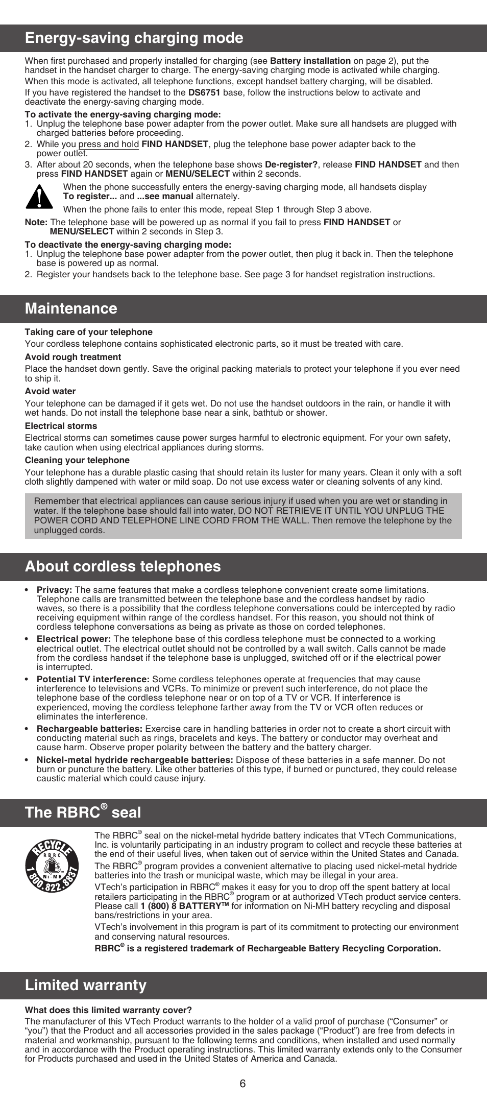 Energy-saving charging mode, Maintenance, About cordless telephones | The rbrc, Seal, Limited warranty | VTech DS6701 Manual User Manual | Page 6 / 8