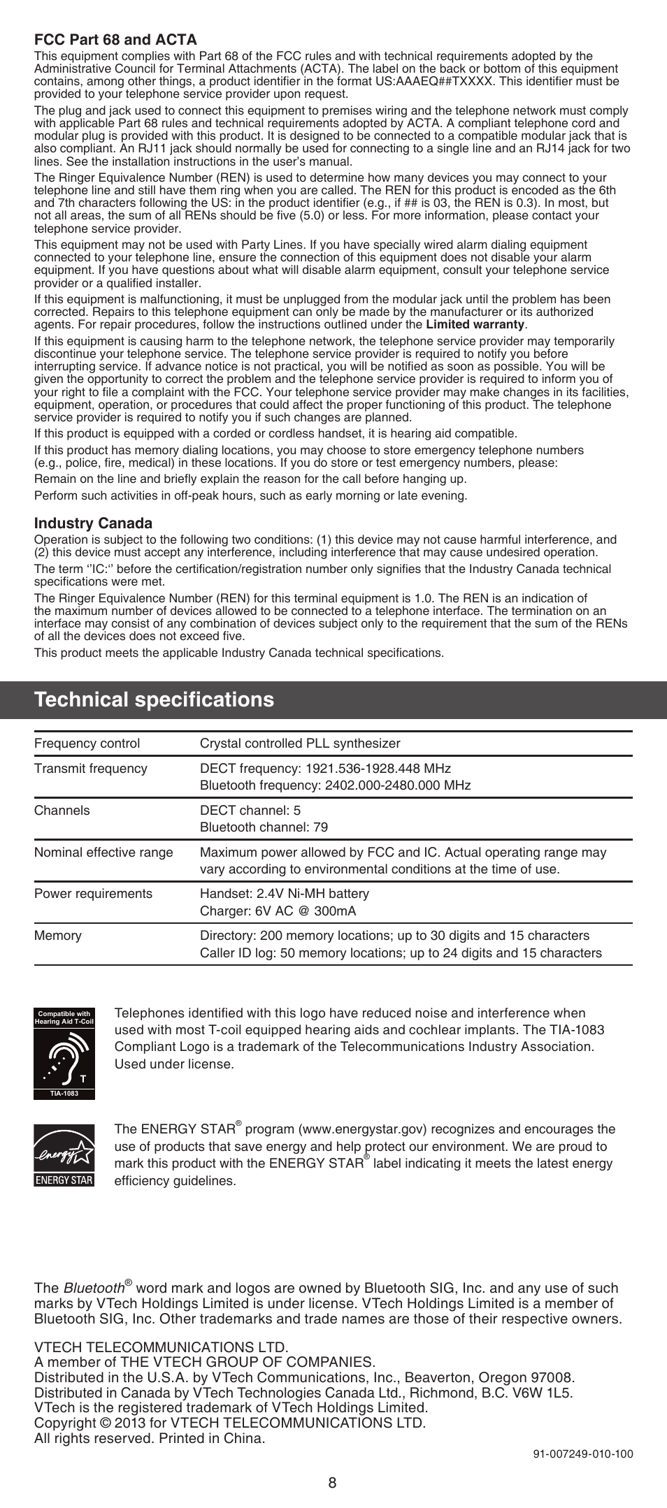 Technical specifications, Fcc part 68 and acta, Industry canada | VTech DS6701 Manual User Manual | Page 8 / 8