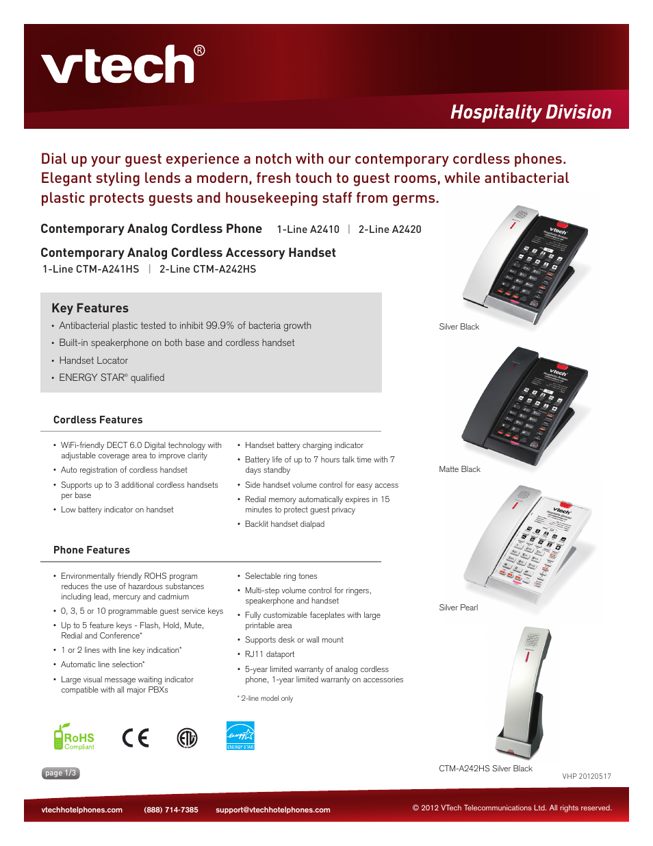VTech A2420 Spec Sheets User Manual | 3 pages