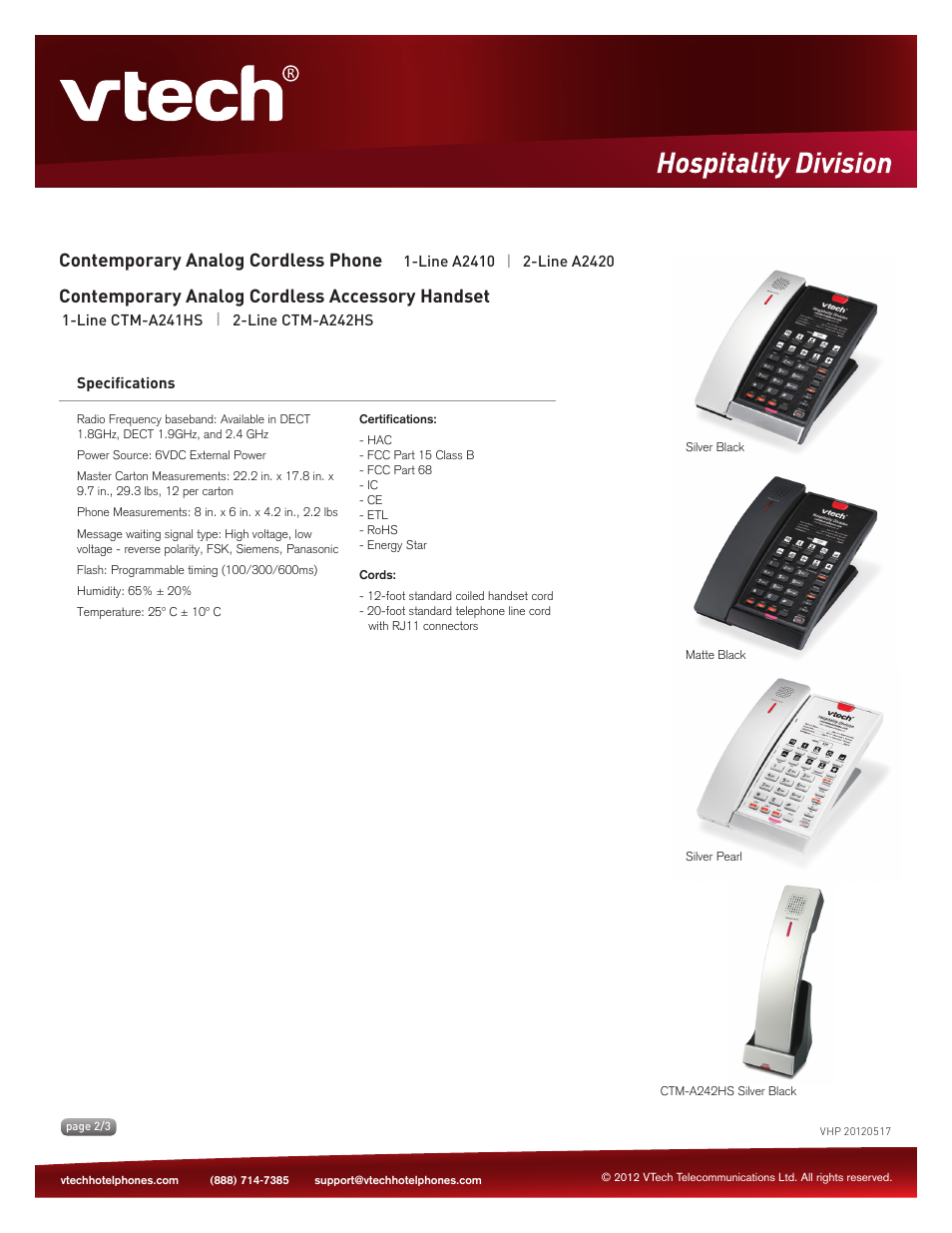Contemporary analog cordless phone, Contemporary analog cordless accessory handset, Key features | VTech A2420 Spec Sheets User Manual | Page 2 / 3