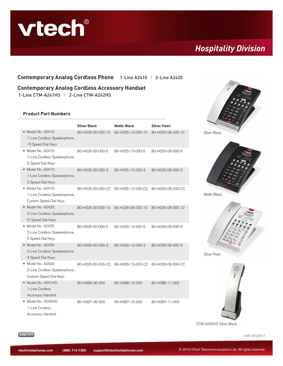 Contemporary analog cordless phone, Contemporary analog cordless accessory handset, Key features | VTech A2420 Spec Sheets User Manual | Page 3 / 3