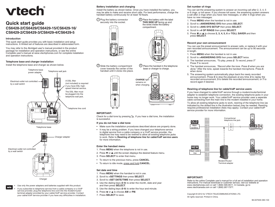 VTech CS6429-5 Quick start User Manual | 2 pages