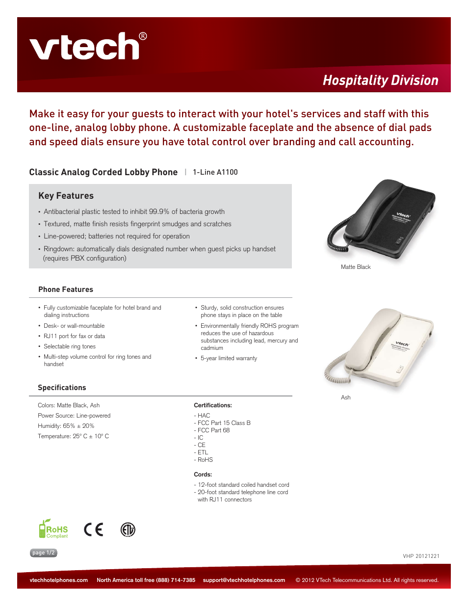 VTech A1100  Spec Sheets User Manual | 2 pages