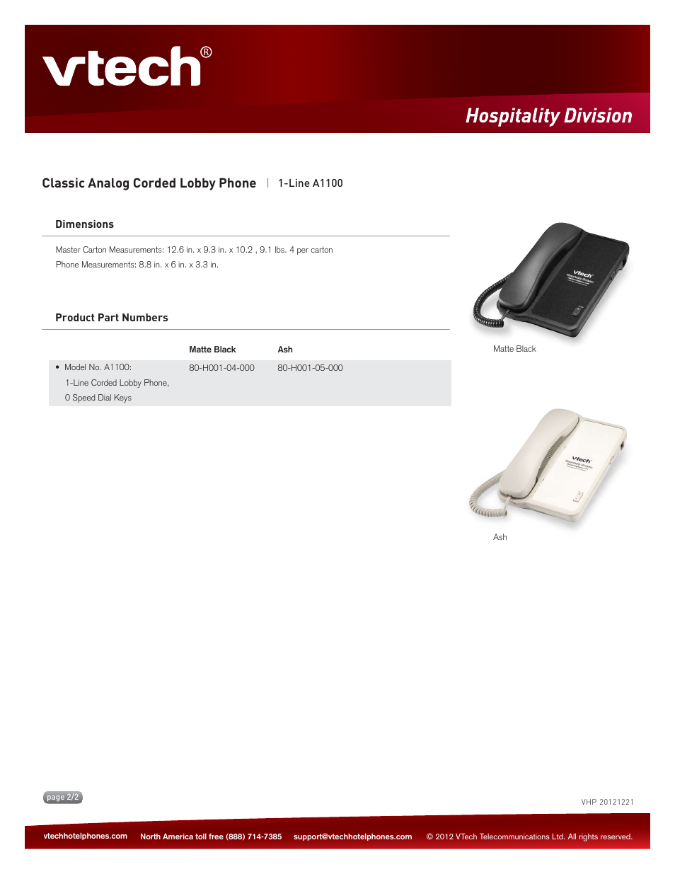 Key features, Classic analog corded lobby phone | VTech A1100  Spec Sheets User Manual | Page 2 / 2